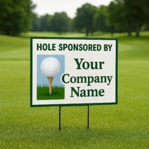 Corporate sponsorship signage displayed during a golf tournament.