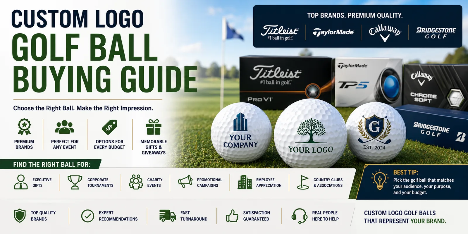 Custom logo golf ball buying guide comparing premium golf ball brands for corporate gifts, tournaments and events