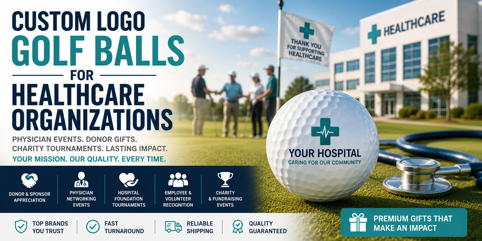 logo-golf-balls-for-healthcare-organizations Custom logo golf balls for hospitals, healthcare organizations and medical groups. Perfect for physician events, donor gifts, fundraising and charity golf tournaments.